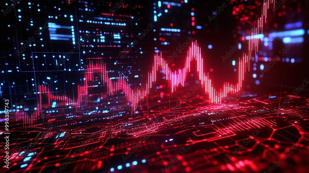 Poster abstract red and blue digital data visualization with graph patterns on a dark background.
