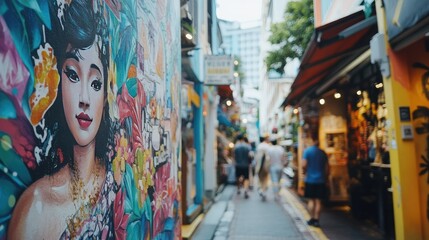 A close-up of Haji Lanes colorful street art, with murals and boutique shops lining the narrow alley.