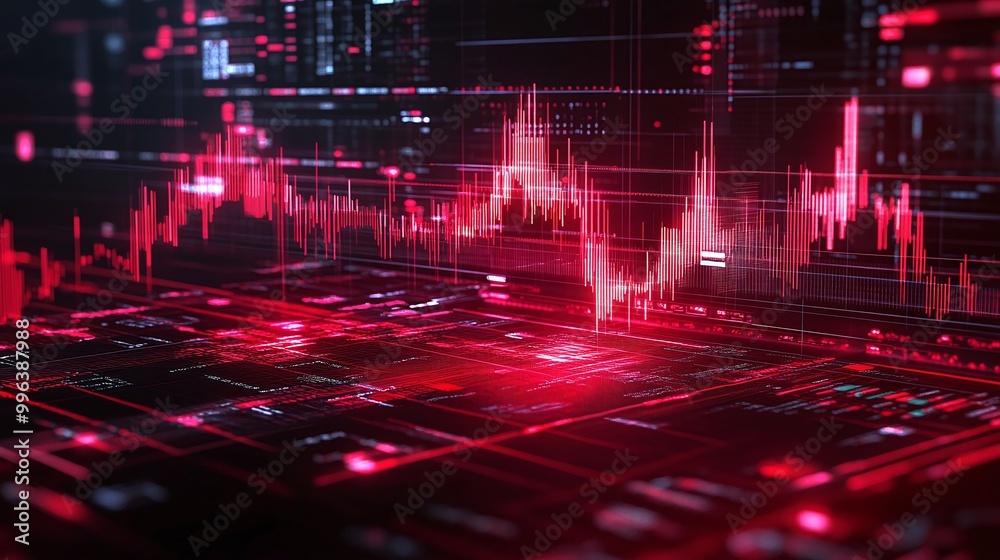 Poster abstract red data visualization with wave forms and graphs against a dark background.