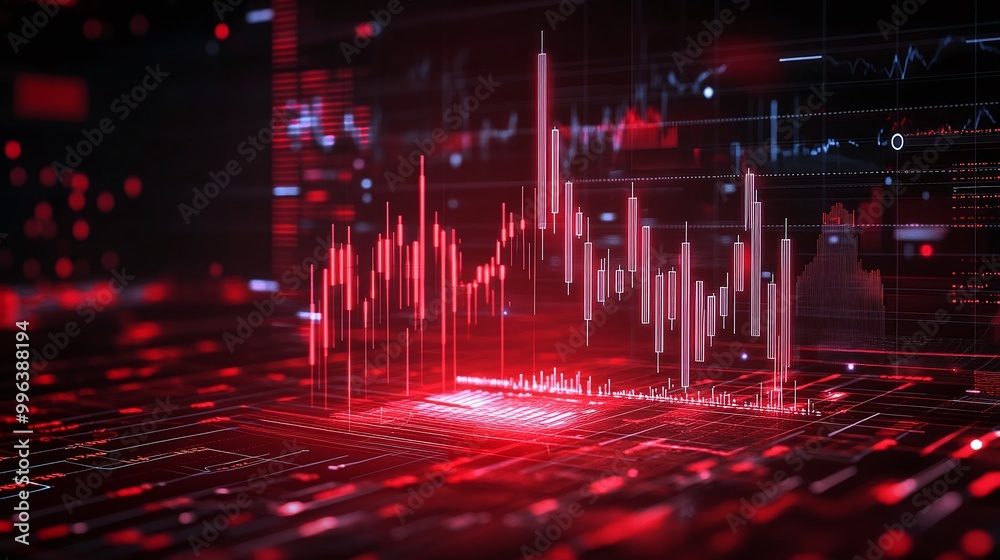 Poster abstract red digital trading chart with graphs and data analysis on a futuristic background.