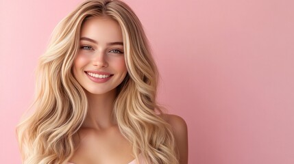 Naklejka premium Smiling woman with long blonde hair. Perfect for beauty, fashion, and hair care.