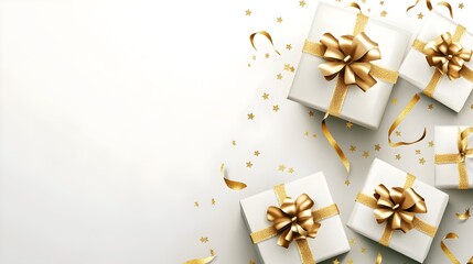 Background with 3d white gift boxes with golden ribbon and bow. Birthday and New Year celebration concept, design. Christmas and New Year Gifts with confetti and Decoration.Banner design 3D Illustrati