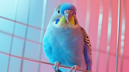 Colorful blue wavy parakeet perched in a cage against a light backdrop Adorable budgie confined indoors