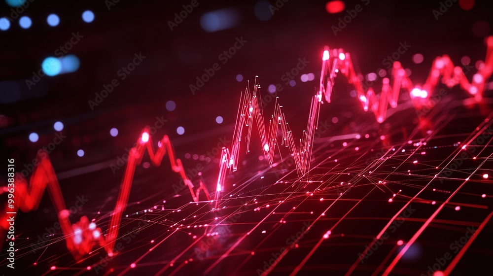 Poster abstract red graph line on a digital screen representing data analysis and technology trends.