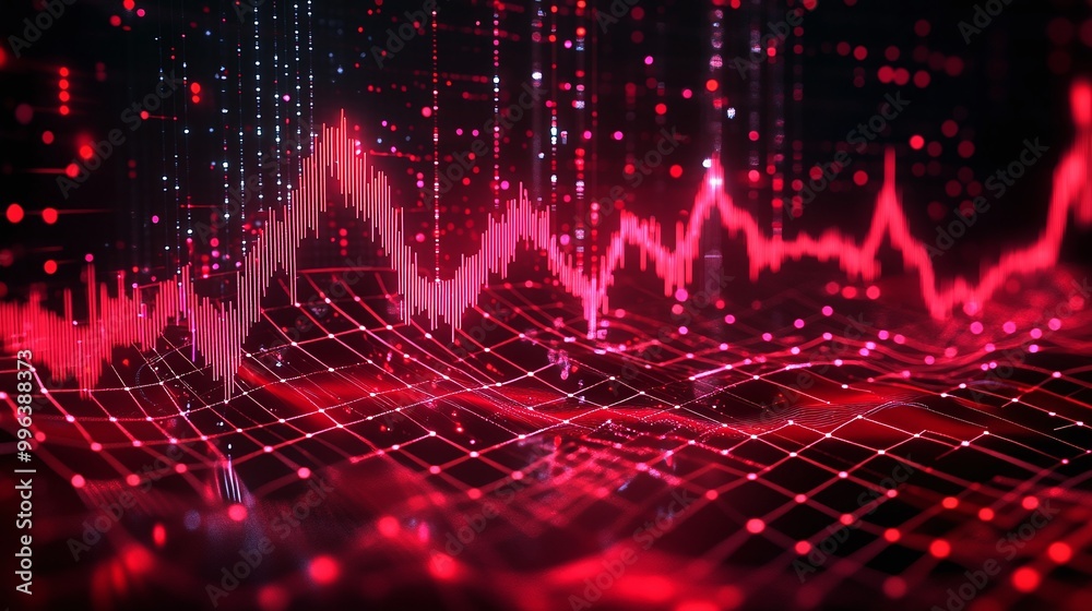 Poster abstract red graph visualizing data trends and fluctuations in a digital space.
