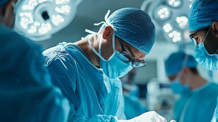 A surgeon in full scrubs and mask, focused and precise, performing a critical operation in a well-equipped operating room, with other medical professionals assisting