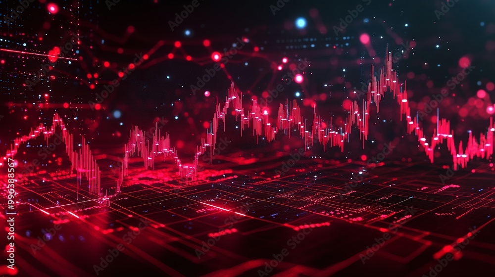 Poster abstract red technology background with data visualization and graph elements.