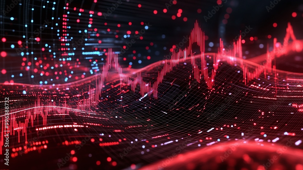 Poster abstract red wave pattern with glowing particles, representing data flow and digital connections.