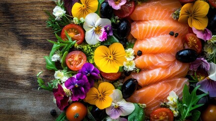 Vibrant salad featuring smoked salmon black olives cherry tomatoes and edible flowers arranged on a wooden surface