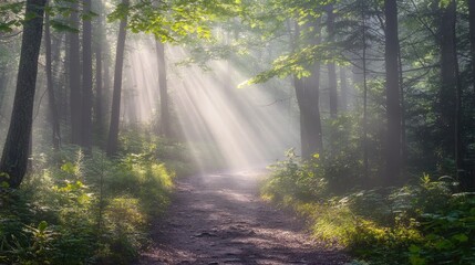 Fototapeta premium Sunlight filters through a foggy forest trail