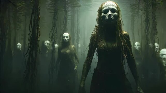 A haunting underwater scene featuring pale figures with masks among dark, tangled vegetation.
