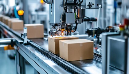 Fototapeta premium High-speed carton packaging machine efficiently sealing products in the manufacturing process