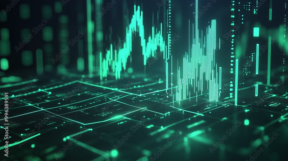 Poster abstract representation of data visualization with green graphs and digital elements on a dark backg