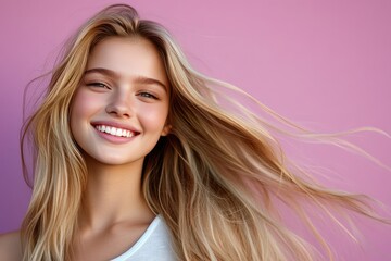 Fototapeta premium A young woman smiles brightly, her hair blowing in the wind. This image is perfect for beauty, fashion, or lifestyle websites.