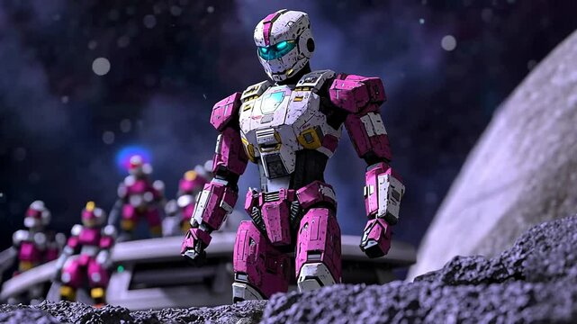 Group of Vibrant Robotic Figures Stands on a Lunar Surface Generative AI