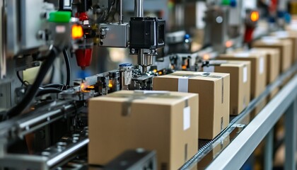 High-speed carton packaging machine actively sealing packages in a manufacturing process environment illustrating efficiency and automation in modern production lines.