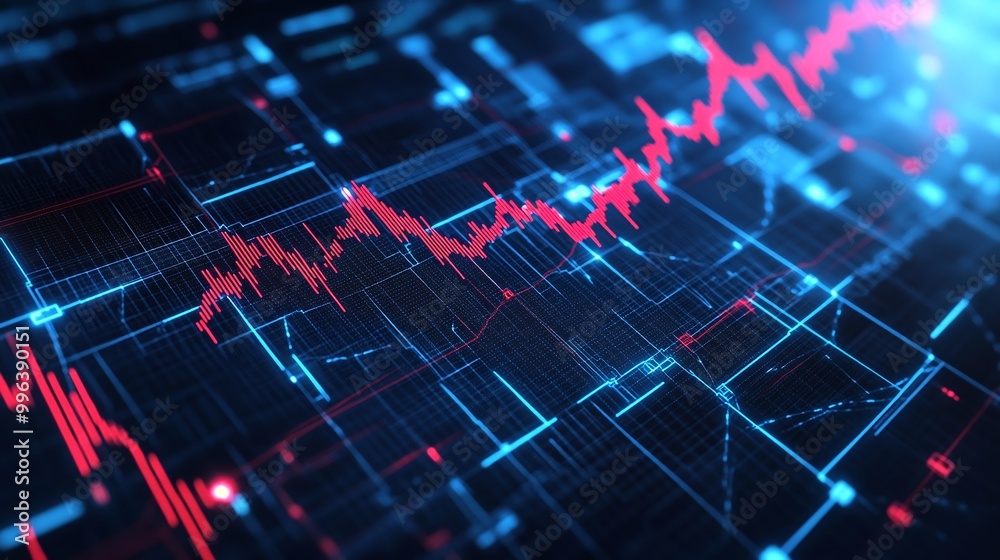 Poster abstract representation of digital data with dynamic charts and graphs in blue and red tones.