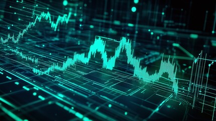 Obraz premium Abstract representation of digital data trends with green lines against a dark background.