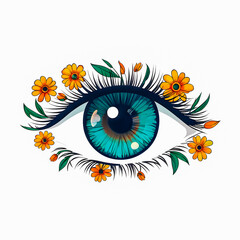 Illustration of art Eye with cute flowers on white background.