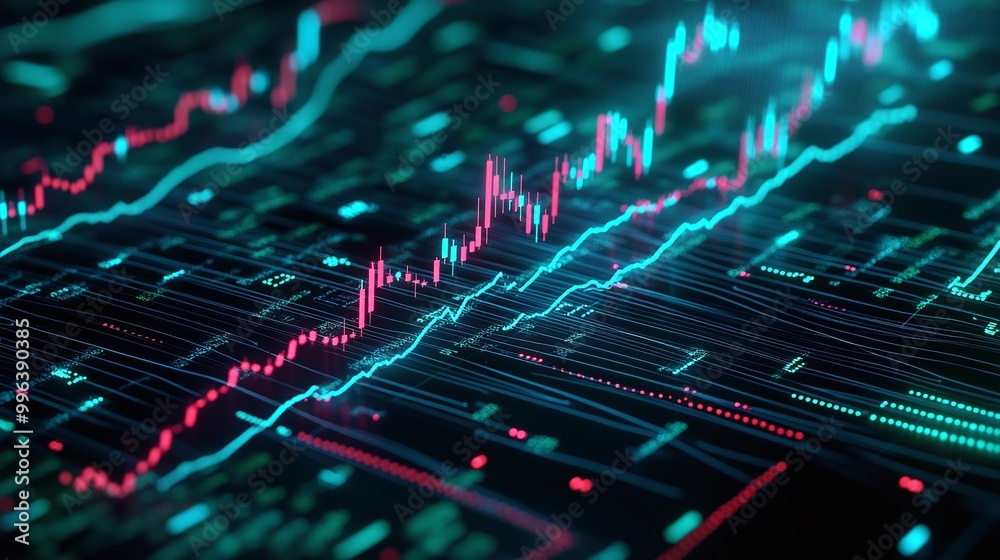 Poster abstract representation of digital financial data with colorful chart lines on a dark background.