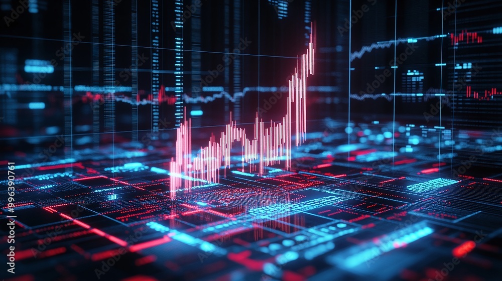Poster abstract representation of digital trading data with glowing graphs and data points on a futuristic 