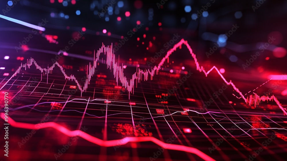 Poster abstract representation of financial data analysis with red graphs and glowing lines on a dark backg