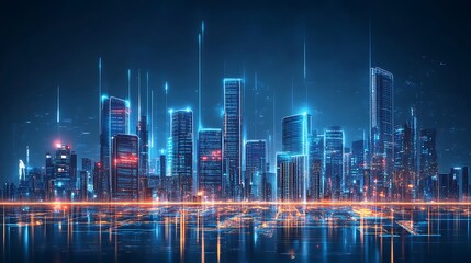 Obraz premium Futuristic City Skyline with Neon Lights and Reflections.