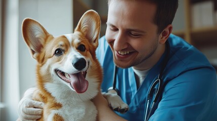 Happy male vet doctor in uniform cuddling and playing with Pembroke Welsh Corgi dog after treatment in clinic office, Generative Ai