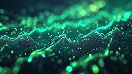 Abstract representation of digital sound waves in green tones with glowing particles, creating a futuristic effect.