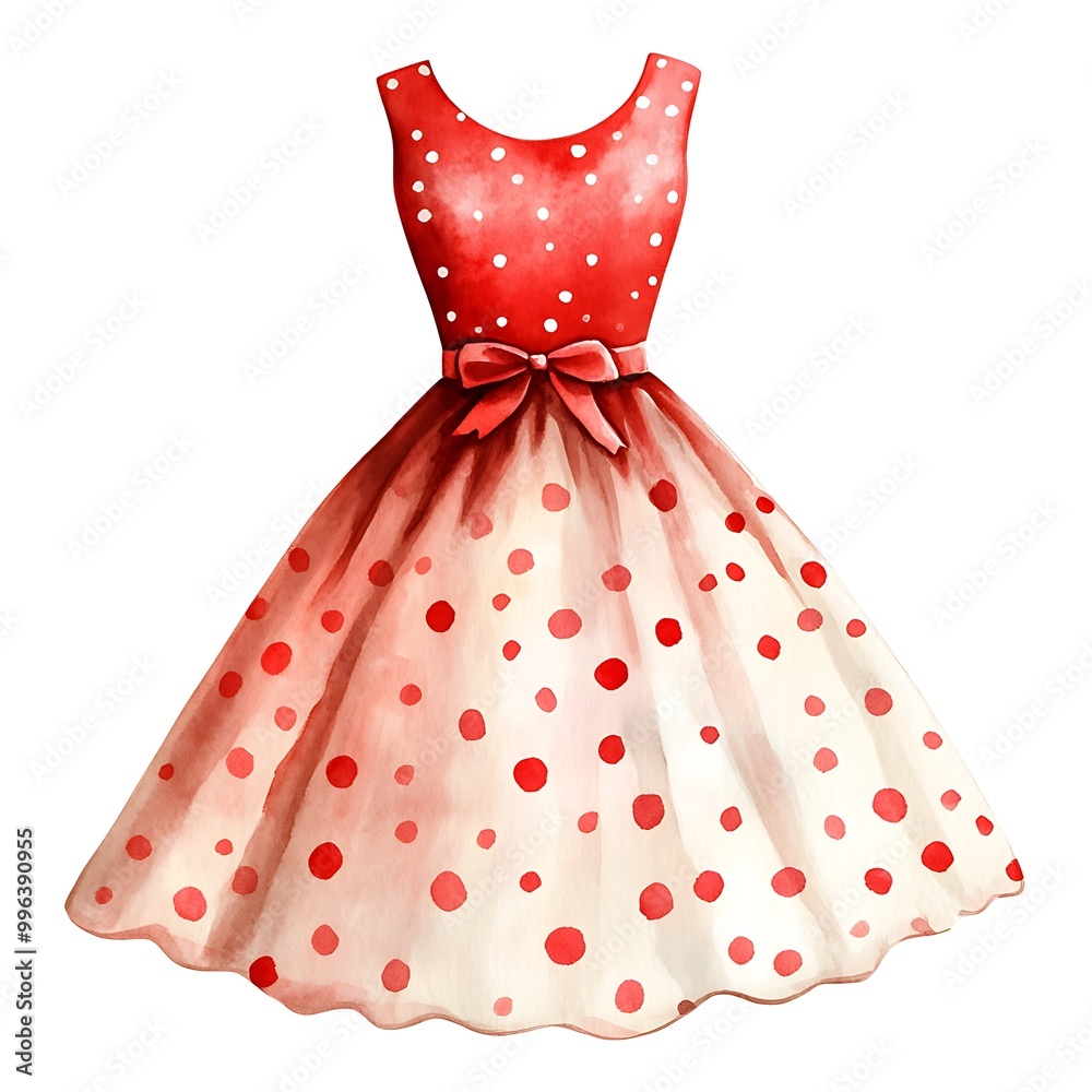 Wall mural watercolor illustration of a red polka dot dress with a bow.