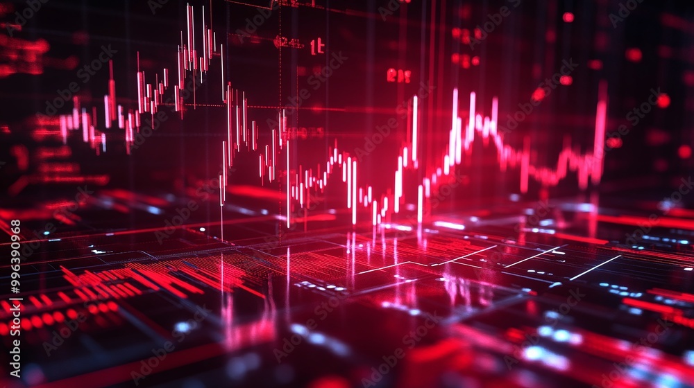 Poster abstract representation of financial data with red graphs and charts on a digital interface.