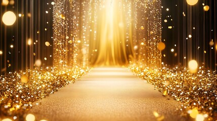 Elegant Gold Stage Scene with Glitter Light Effects, Decorations, and Bokeh. Luxury Background Design Concept. Product display podium with golden curve line decoration and glitter light effect element