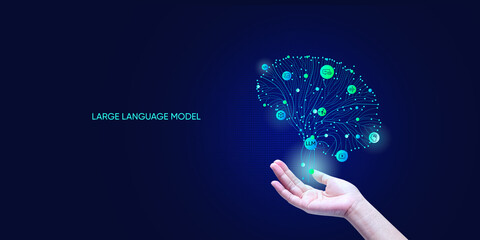 A hand showing AI tech with AI brain concept, artificial intelligence cyber security, digital transformation, finance, document file management, AI chip.