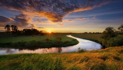 Serene Sunset Over Calm River Landscape