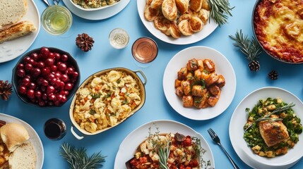 Festive dining table setup for a holiday gathering featuring a variety of dishes in a top view flat lay style against a blue backdrop with ample space for text