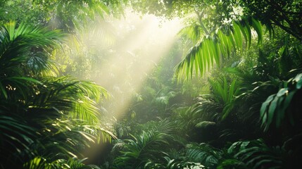 Obraz premium Sunlight filters through the thick green canopy of a vibrant tropical jungle