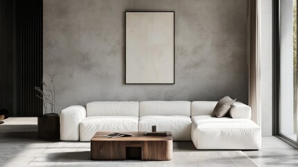 Wooden square coffee table beside a white sofa in a room featuring a grey wall adorned with an art poster A minimalist and elegant design for a contemporary living space