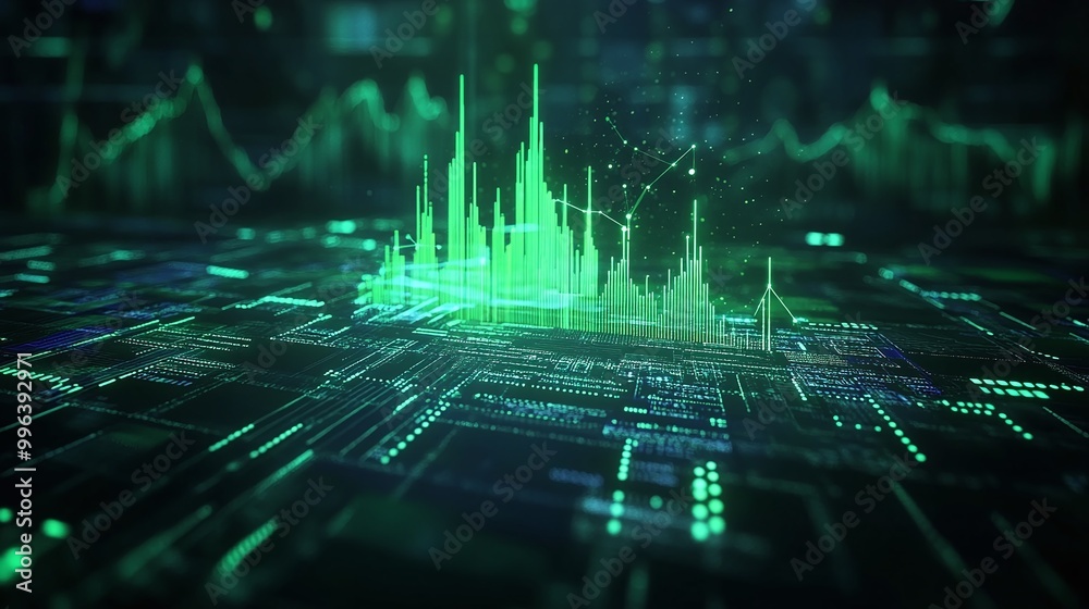 Poster abstract visualization of a digital data stream with green light elements on a dark background.