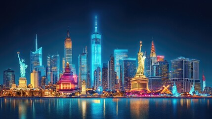 Obraz premium A dynamic cityscape featuring multiple global monuments illuminated at night, representing the vibrancy and charm of international travel.