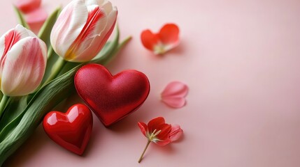Composition celebrating love and femininity featuring tulip flowers and two red hearts on a soft pink backdrop with empty space for text Ideal for Valentine s Day and Women s Day themes