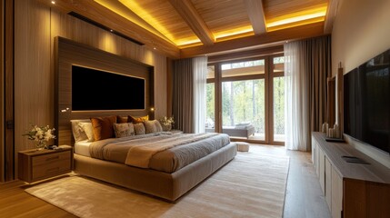 Contemporary bedroom interior featuring wooden flooring ceiling beams vertical paneling large television and luxurious design elements