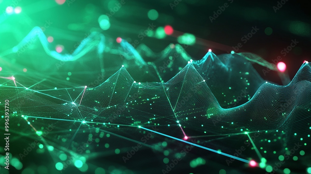 Poster abstract visualization of data waves with green light effects and sparkling points on a dark backgro