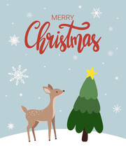 Fototapeta premium Christmas greeting card with reindeer and christmas tree, vector merry christmas hand drawn lettering