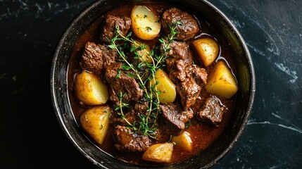 Savory bowl of rich beef stew featuring potatoes and fresh herbs against a dark backdrop