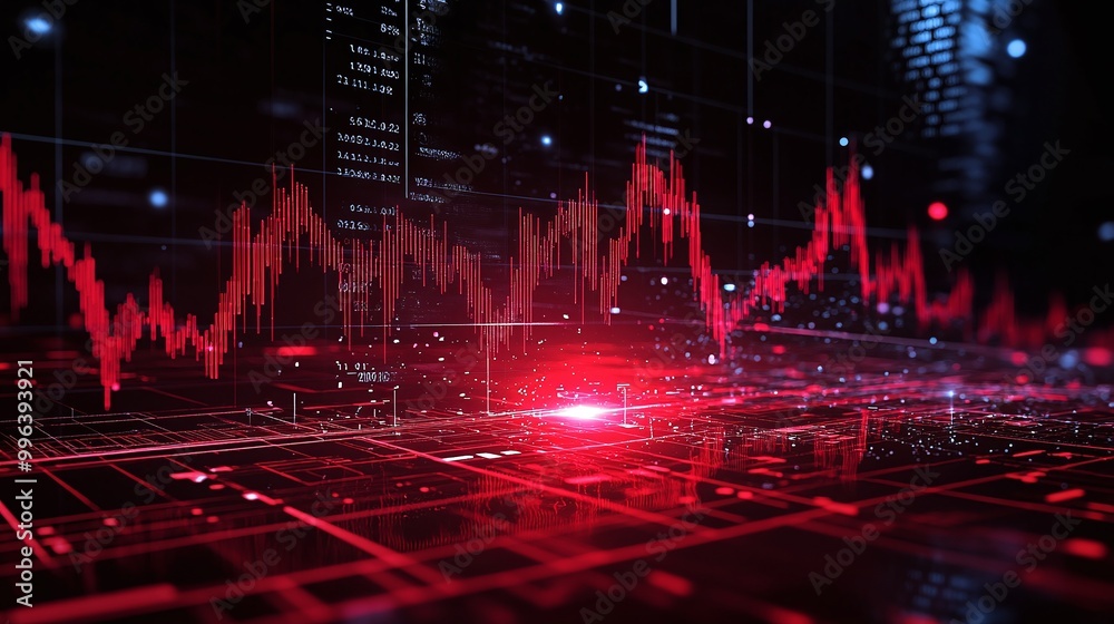 Poster abstract visualization of digital data with red graph lines on dark background, representing analyti