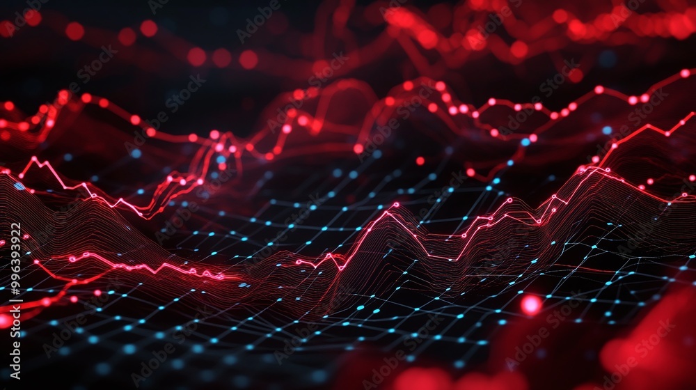 Poster abstract visualization of digital data with dynamic lines and glowing dots in red and blue colors.