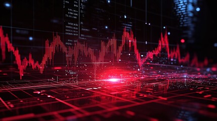 Abstract visualization of digital data with red graph lines on dark background, representing analytics and technology.