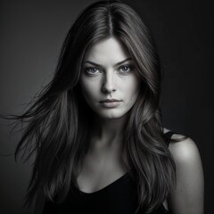 Fototapeta premium Elegant fashion portrait of a young woman with long flowing hair and mesmerizing blue eyes