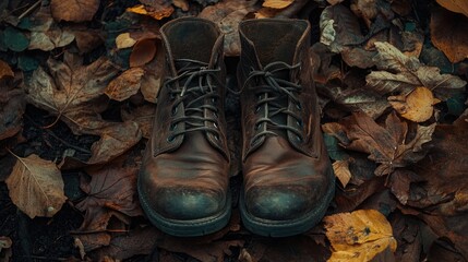 Worn leather boots resting on a forest floor blanketed with autumn leaves capturing the spirit of adventure and outdoor exploration in a rustic natural environment