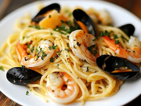 P&acirc;tes linguine aux fruits de mer, avec une touche de basilic frais, id&eacute;al pour article ou blog sur la cuisine des p&acirc;tes et la cuisine italienne
